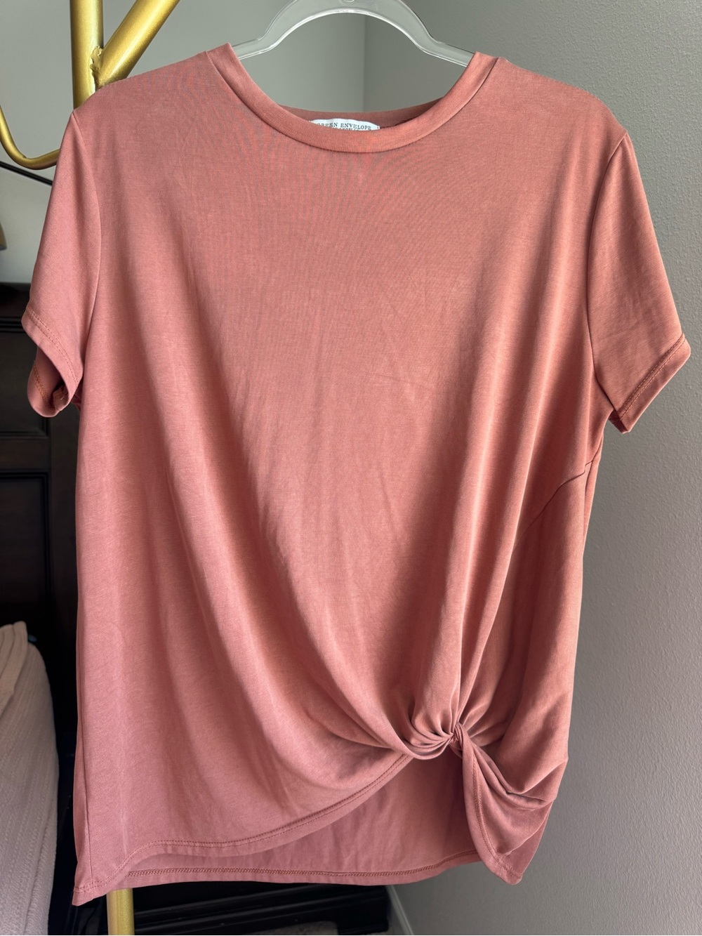 Green Envelope Tie Front Top Washed Brown Short Sleeve L